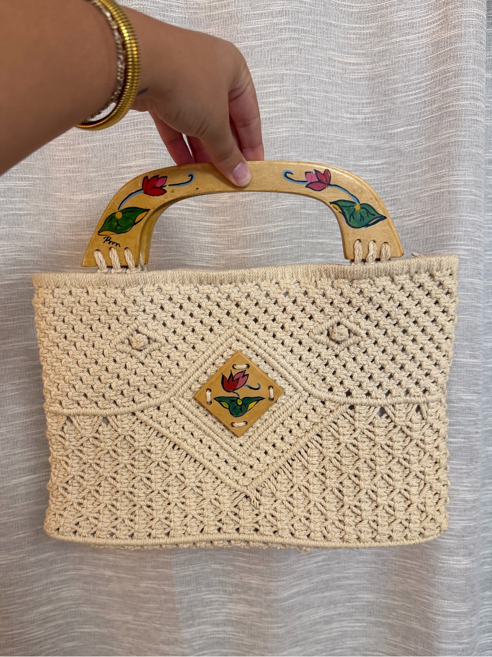 1960s Macrame Handbag with Painted Wooded Handles